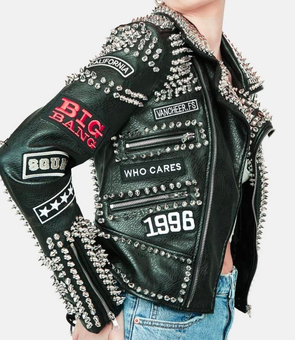 NWOT~AZALEA WANG Black AC/DC Punk Rock Studded Patchwork Moto Jacket Sz XL - Picture 10 of 11
